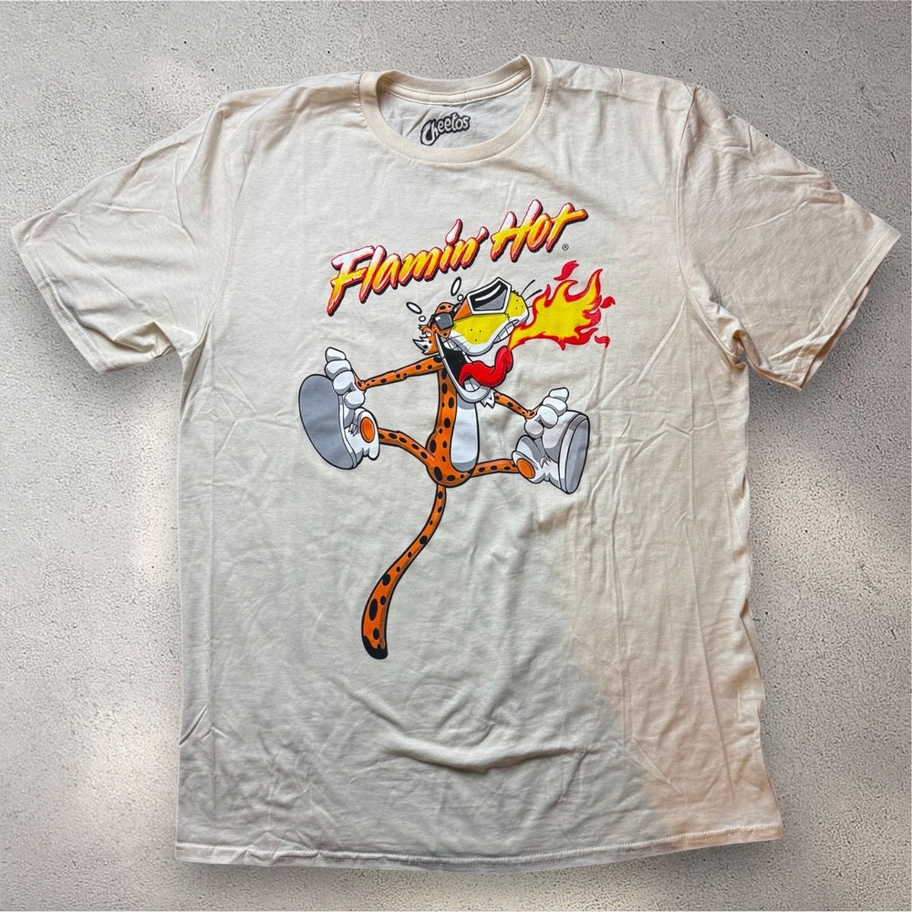 Cheetos Flamin Hot Chester Cheetah Beige Graphic T-Shirt Mens Large Mad Engine